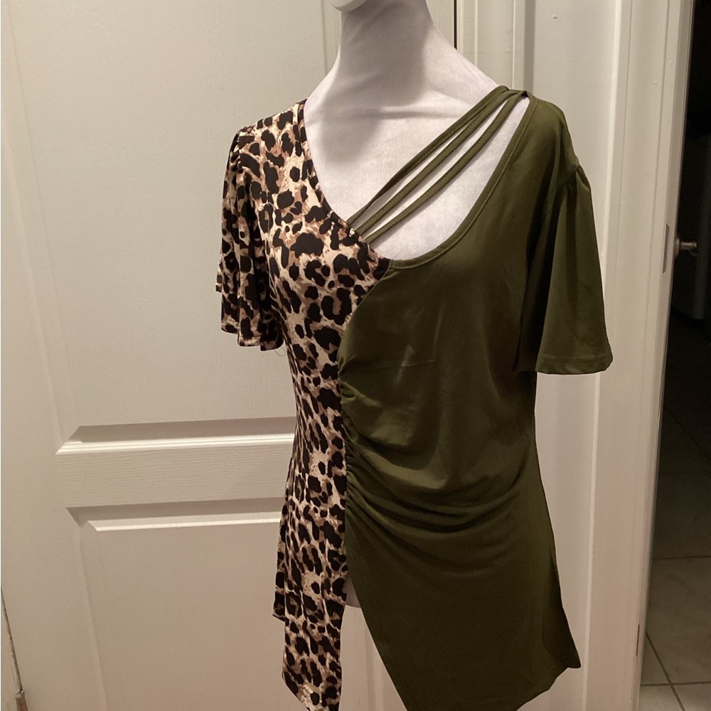 Olive Green & Leopard Split-Print Strappy Tunic